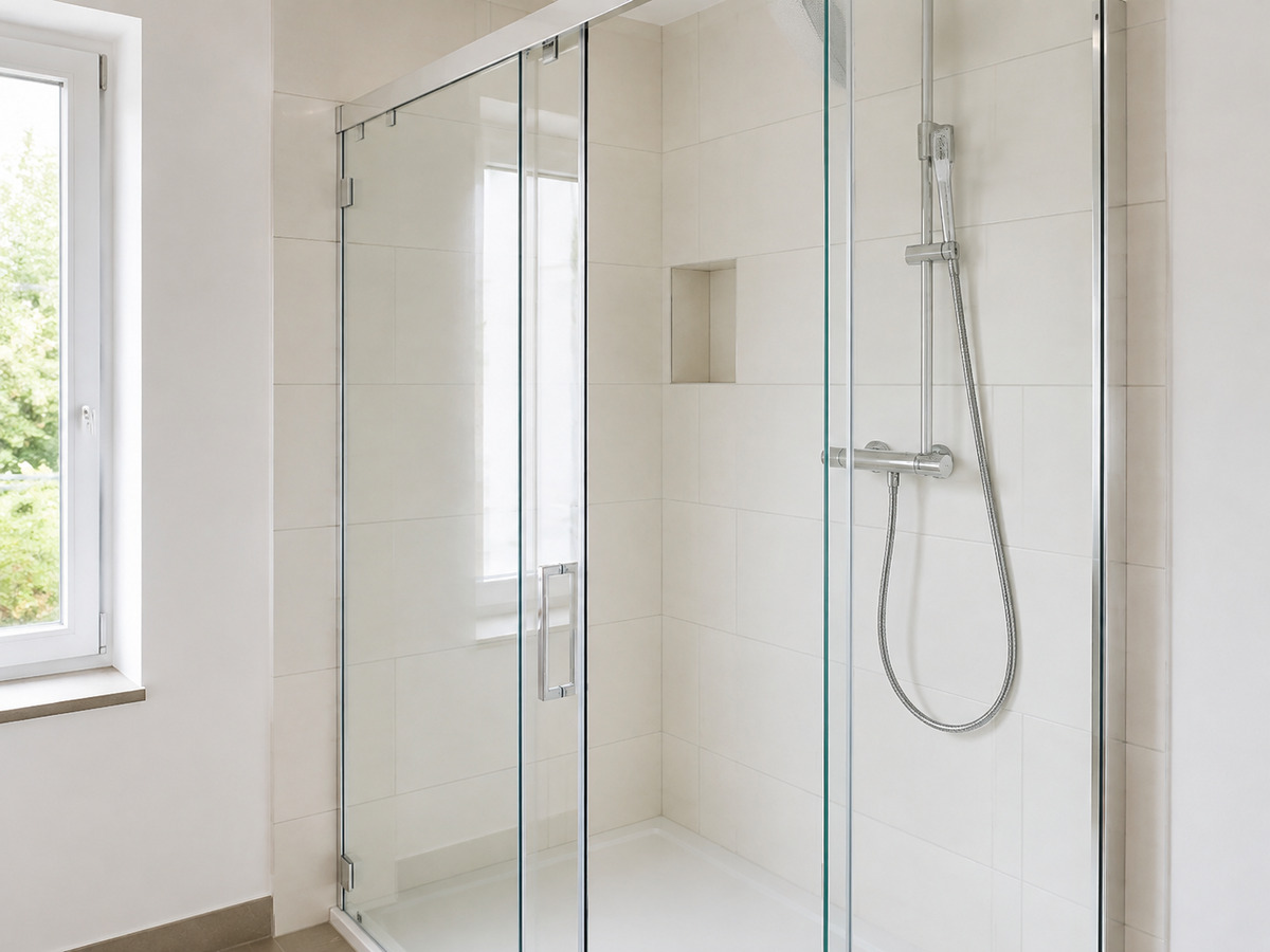 Dieselbe Dusche mit klarem Glas nach der Reinigung