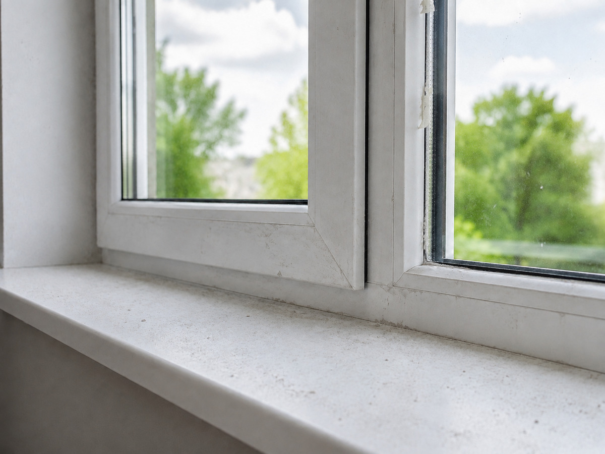 Fensterrahmen mit Bauschmutz, Farbspritzern und Silikonresten