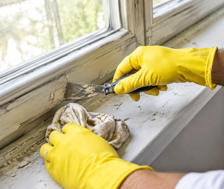 Hände in gelben Handschuhen entfernen Farbreste von einem Fensterrahmen