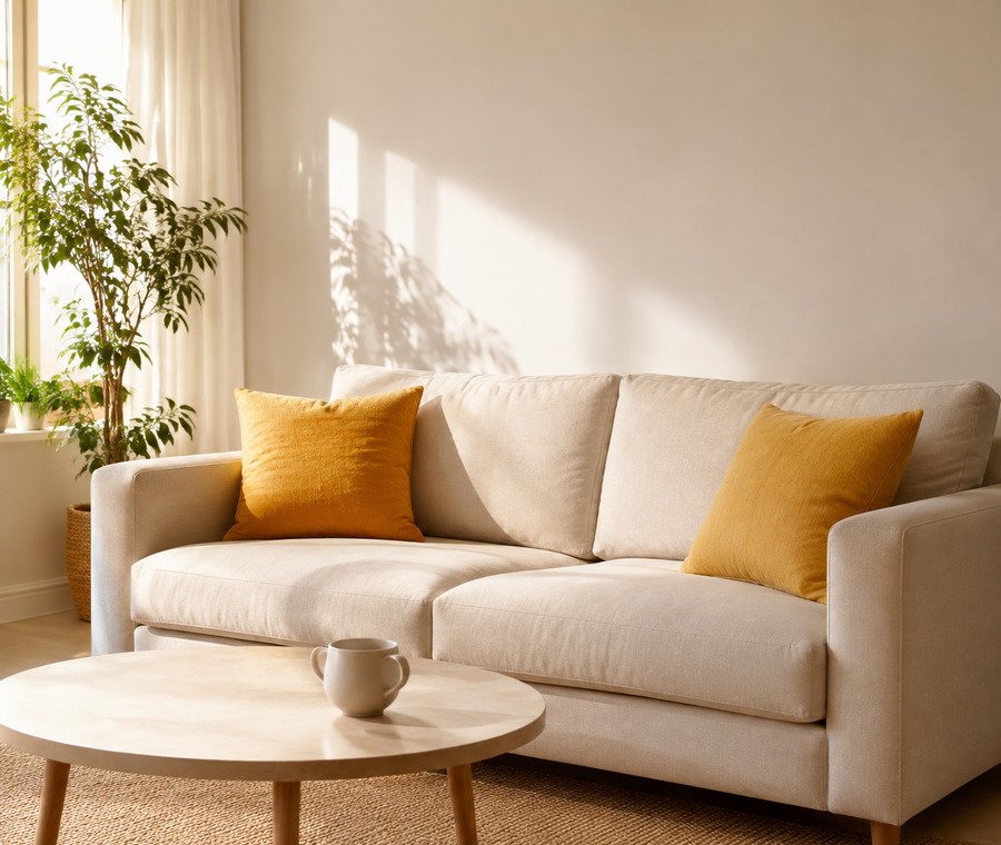 Helles Sofa mit gelben Kissen in einem sonnigen Wohnzimmer