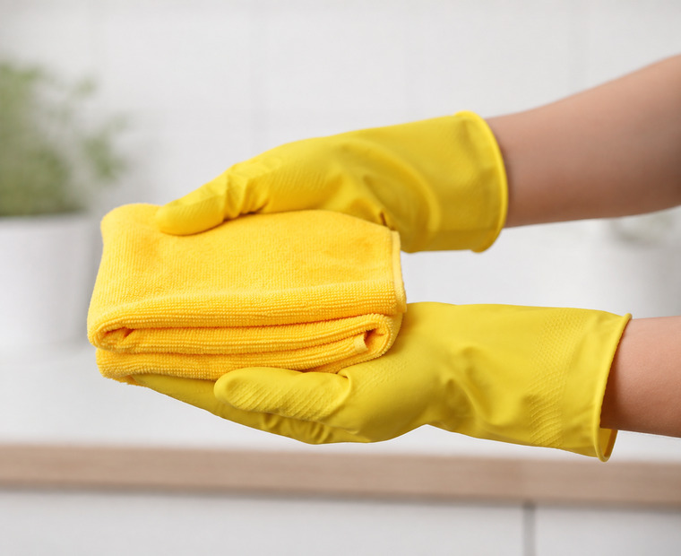 Hände in gelben Handschuhen halten ein gefaltetes Tuch